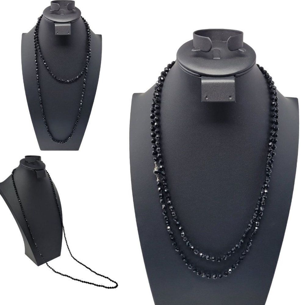 Vintage Glass‎ Bicone Beaded Flapper Necklace Black Long Versatile Roaring 20s